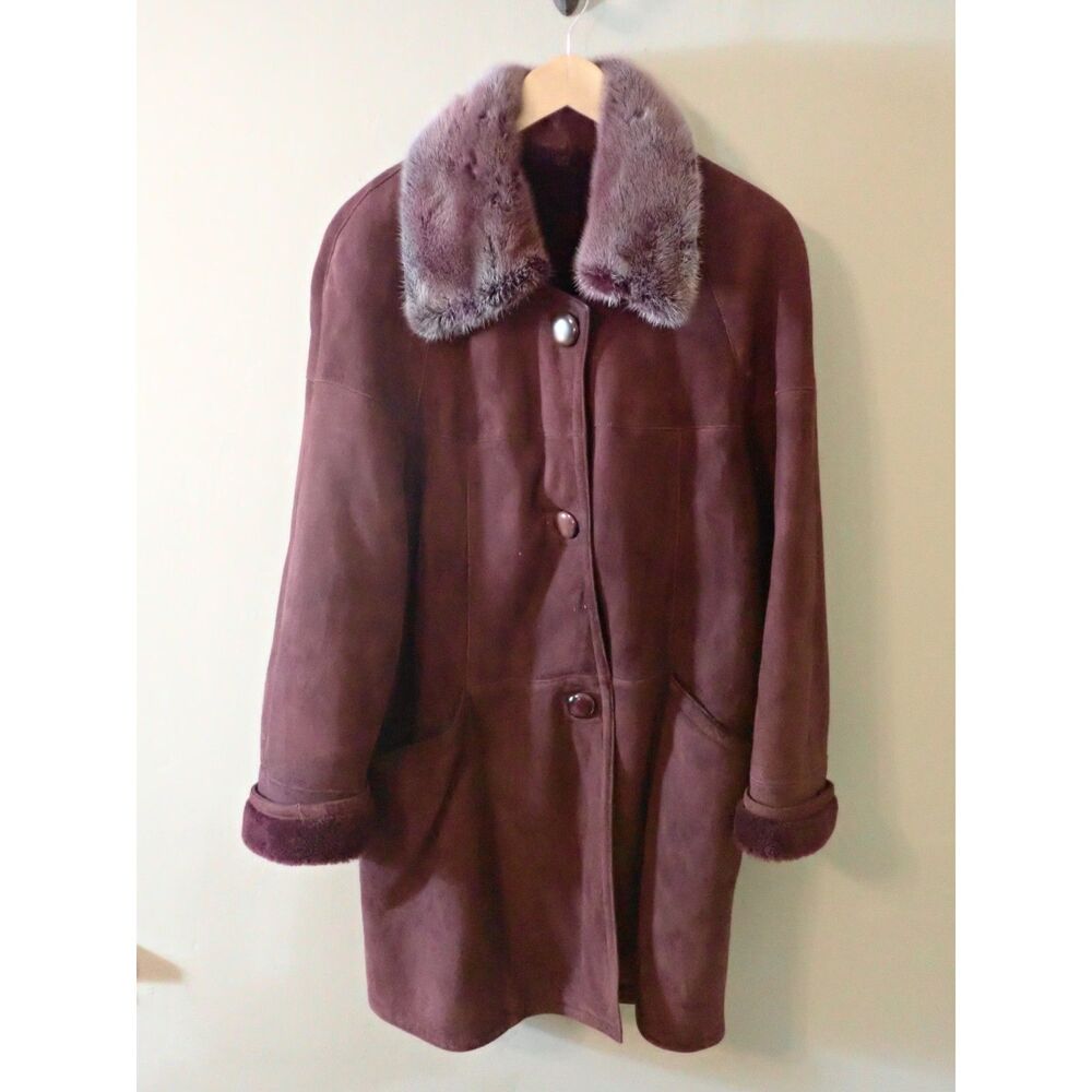 Sherling Leather Fur Mink Collar Burgundy Red Large XL Streetwear Luxury